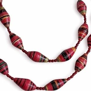 Handmade Recycled Paper Bead Necklace Red Black Yellow Long Beaded Strand 20"